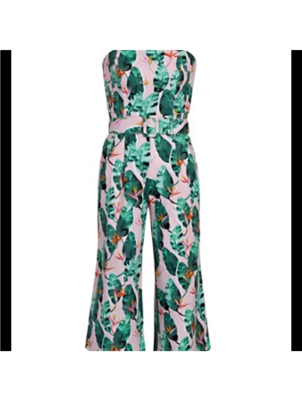 New York & Company Strapless Tropical Belted Jumpsuit in Pink & Green